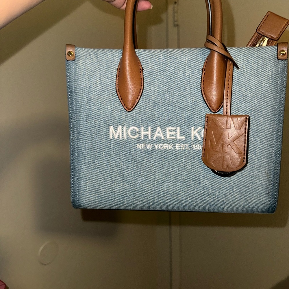 Michael Kors Denim Blue Tote with Brown Leather